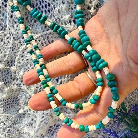 Vintage Turquoise nugget & Spiny Oyster Shell Heishi Necklace 30” - Picture 10 of 10